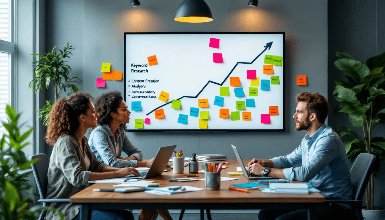 In the image, a diverse team of SEO specialists collaborates around a table, analyzing data on laptops and discussing strategies for search engine optimization to enhance business growth. They are focused on improving search engine rankings and organic traffic through effective SEO strategies and keyword research.