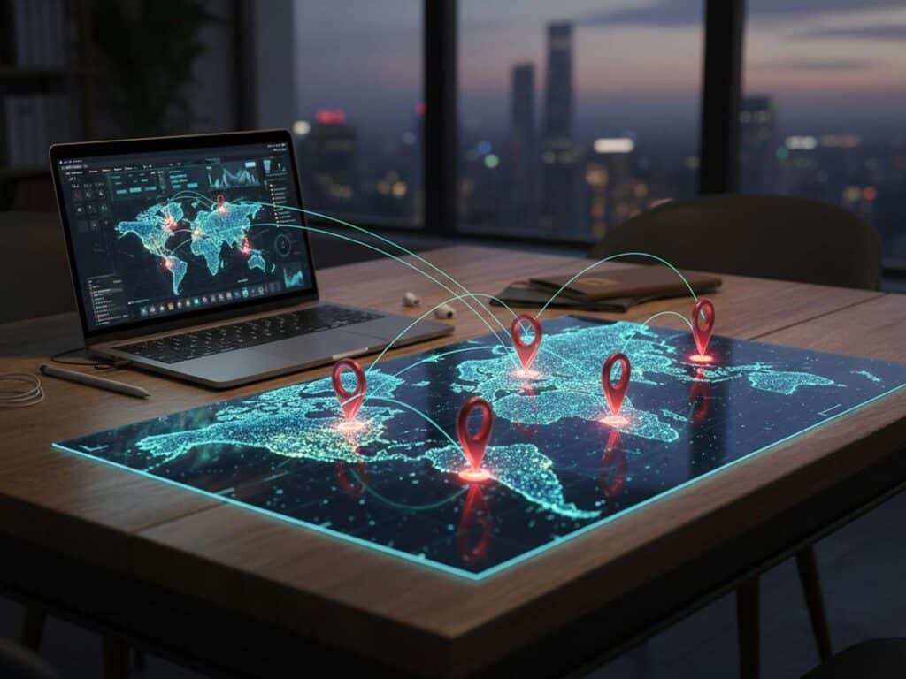 Map showing multiple location pins connected by a chain to a laptop screen, indicating digital linking.
