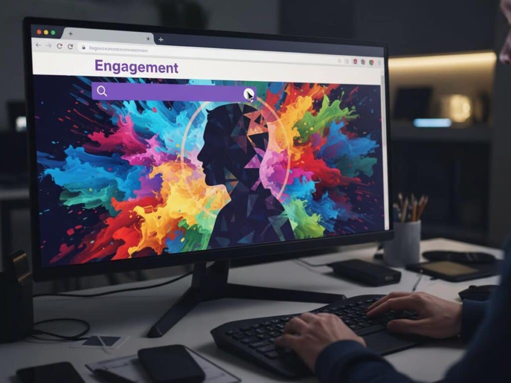 Web browser interface showing 'Engagement' text, a cursor, colorful abstract splashes, and a person's silhouette.