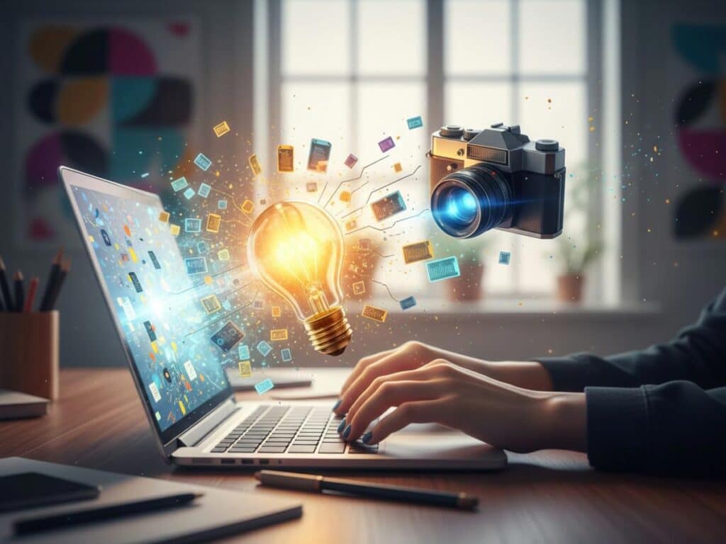 Hands typing on a laptop, a document flying out with a bright idea lightbulb and camera
