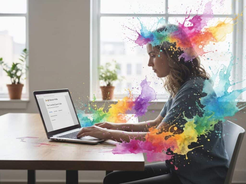 A person uses a laptop to manage their Google Business Profile, surrounded by colorful watercolor splashes.