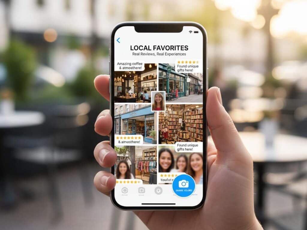Hand holding a smartphone displaying customer reviews, photos of shops, and blurred happy people, with a camera icon.