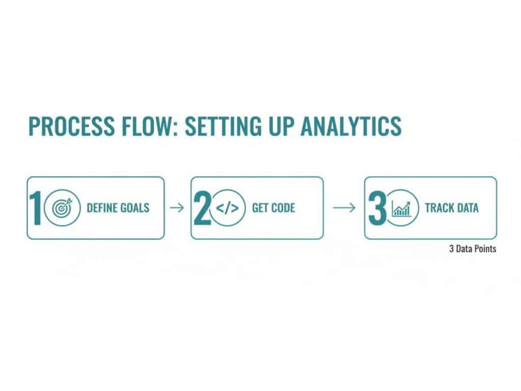 A three-step process flow diagram illustrating how to set up analytics: define goals, get code, and track data.