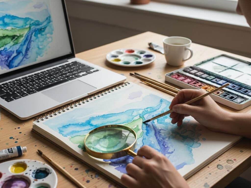 Hands creating watercolor art in a notebook, with a magnifying glass, laptop, and paint box