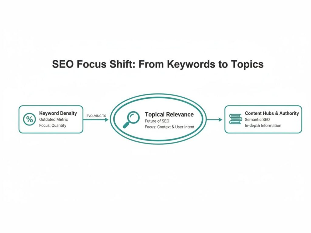 Flowchart showing the SEO focus shifting from keyword density to topical relevance and content hubs