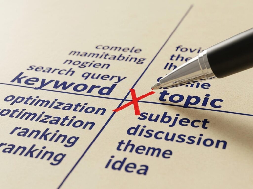 a pen separating 'keyword' content from 'topic' content, marked with a red X