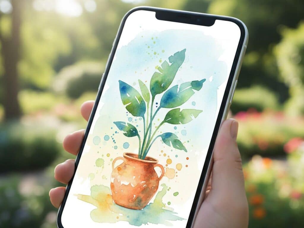 A smartphone displaying a minimalist watercolor painting of a plant in a terracotta vase, with abstract splashes