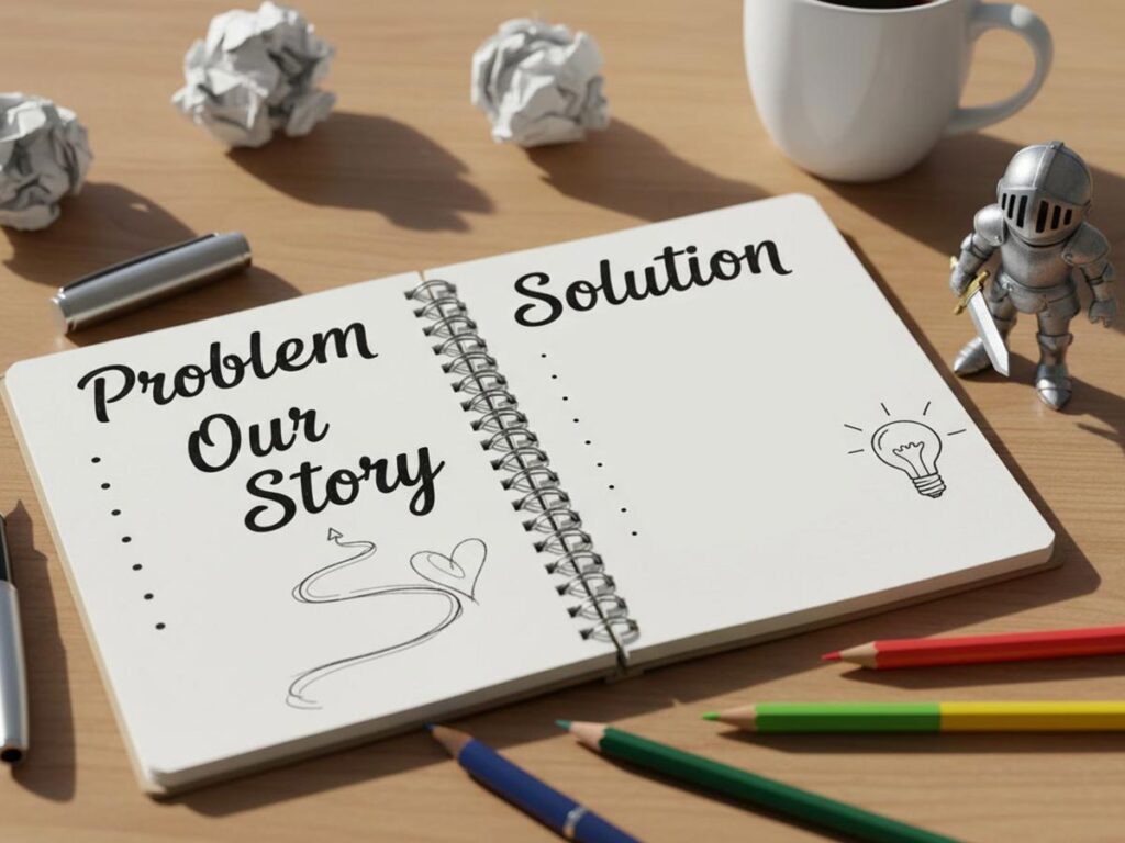 An open notebook with 'Problem', 'Our Story', and 'Solution' written on pages, surrounded by pens and a figurine