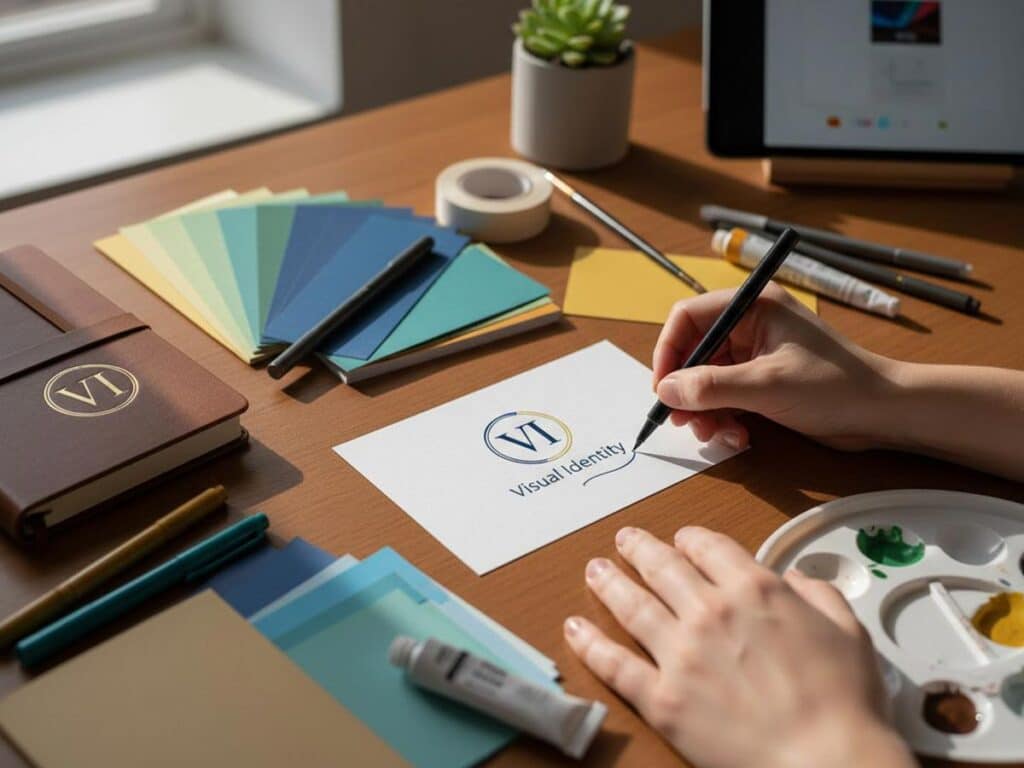 A person's hands writing on a white card with 'Visual Identity' logo, surrounded by branding stationery and art supplies