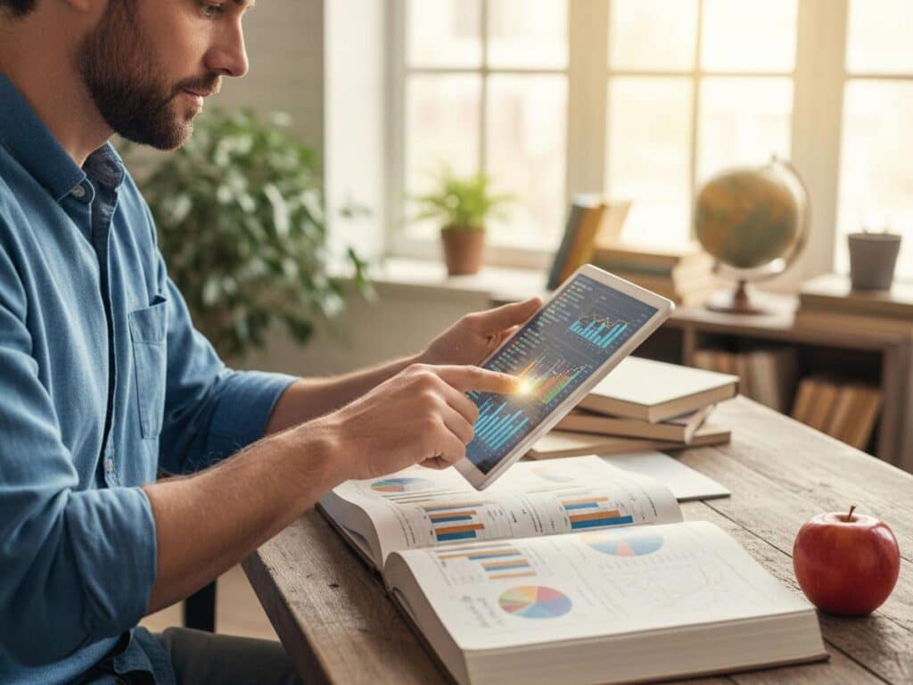Man analyzing data on a tablet and an open book with charts, next to an apple