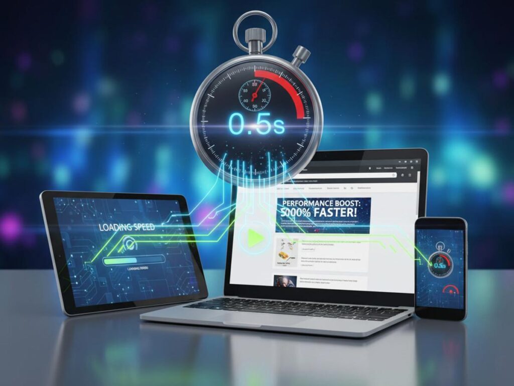Digital devices and stopwatch illustrate website or app performance speed