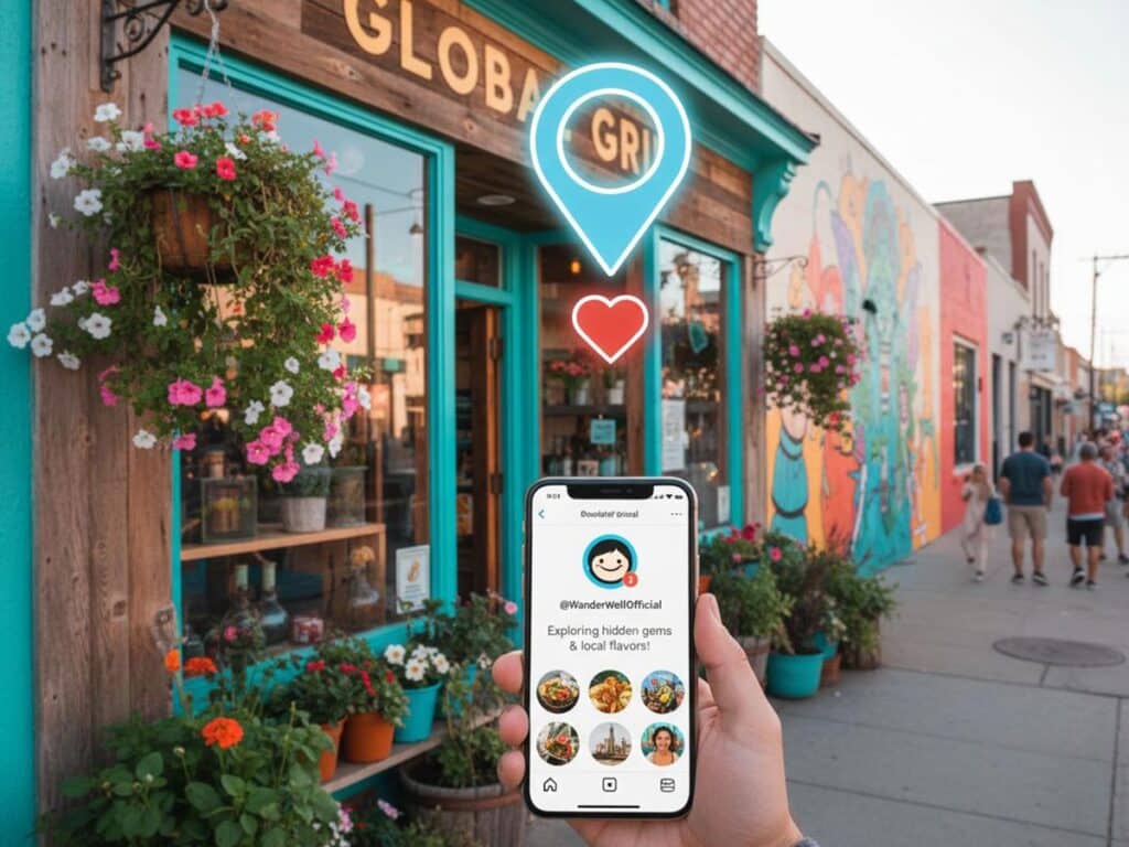 a local storefront with a location pin and a smartphone displaying a profile