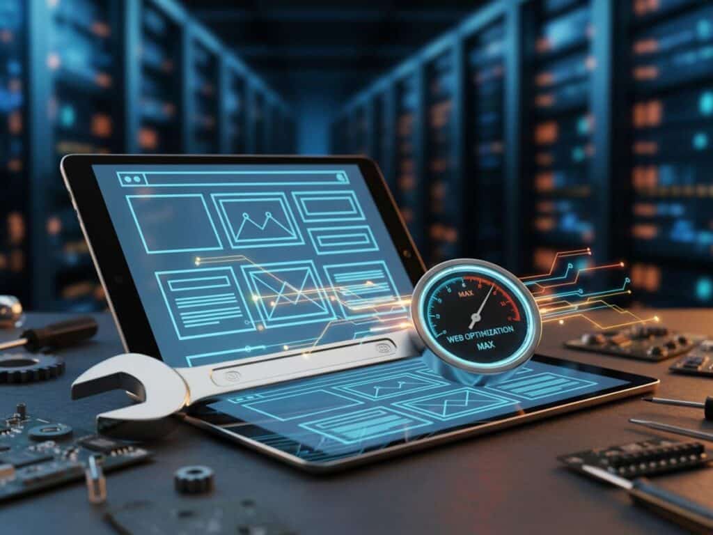 A tablet with a website wireframe and a wrench with a performance gauge, symbolizing web optimization