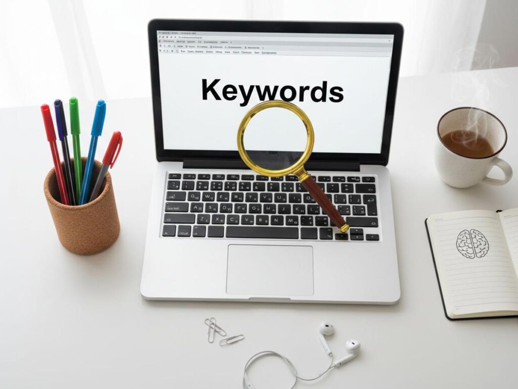 A top-down view of a white desk with a laptop, pens, and a magnifying glass over 'Keywords'