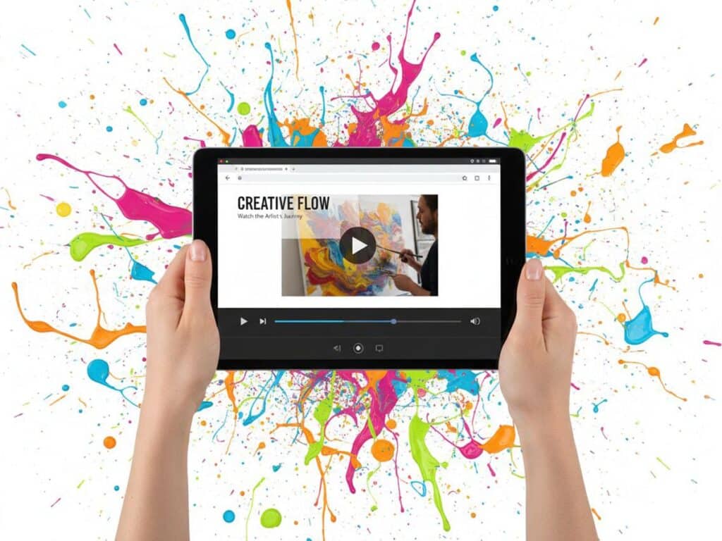 Hands holding a tablet displaying a video player on a webpage against a white background with colorful paint splashes