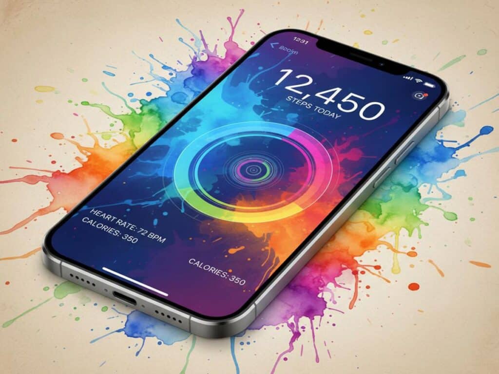 A smartphone displaying a colorful app interface with a circular data visualization chart and numeric information, surrounded by watercolor splashes