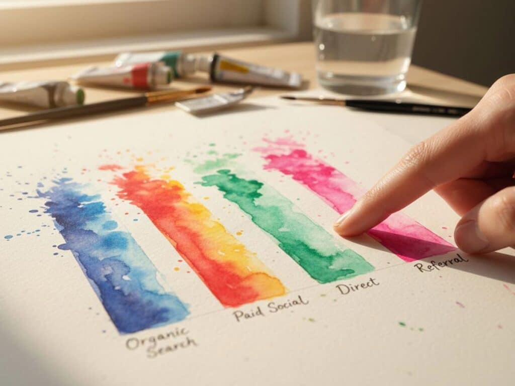 Hand pointing at a colorful watercolor bar chart illustrating different web traffic acquisition sources.