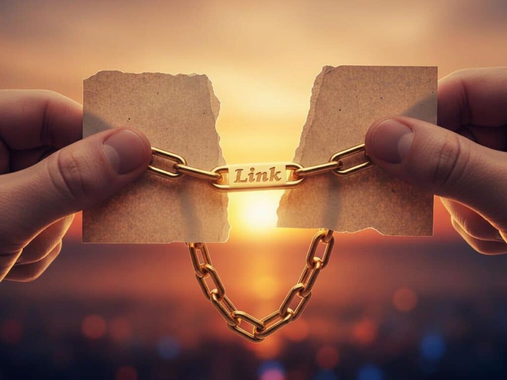 Hands grasp torn paper, a golden chain with 'Link' text connects the broken pieces