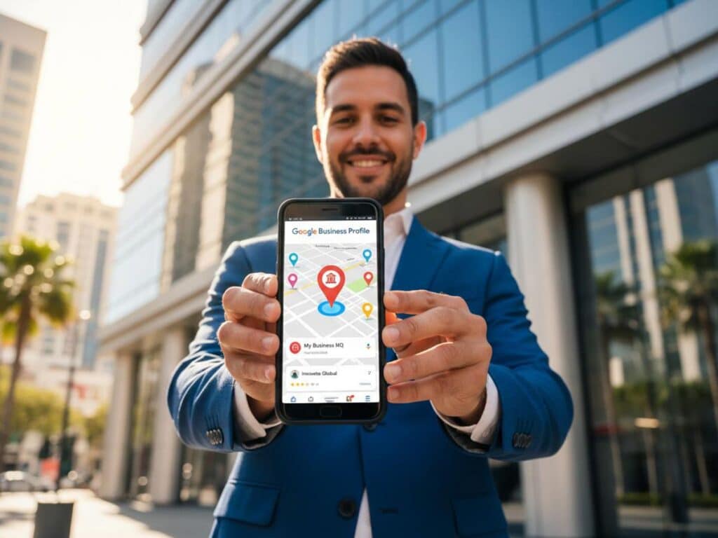 Man by building with smartphone displaying Google Business map and location pins
