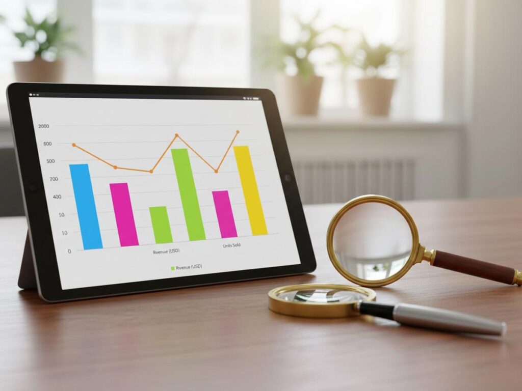 An iPad displaying a colorful bar chart with a line graph, next to a pen and a magnifying glass
