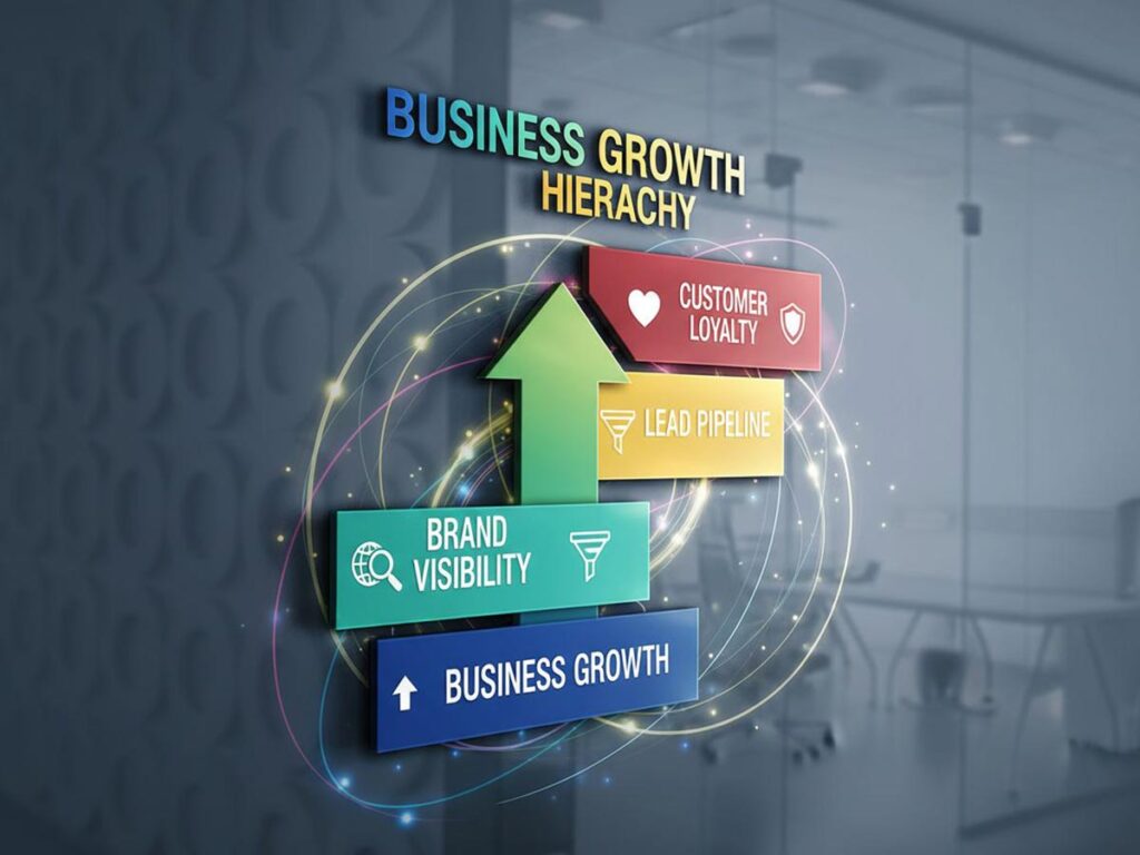 An infographic illustrating the Business Growth Hierarchy, with Business Growth leading to Brand Visibility, Lead Pipeline, and Customer Loyalty