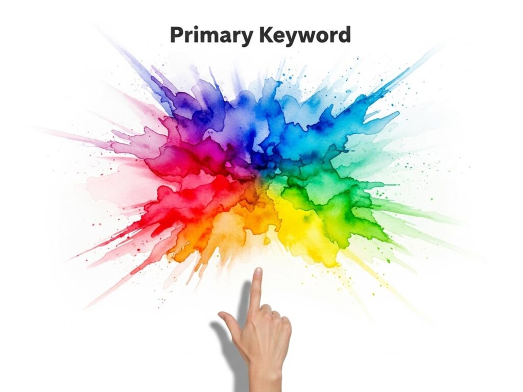 An abstract watercolor burst, the text 'Primary Keyword', and a hand pointing down on a white background
