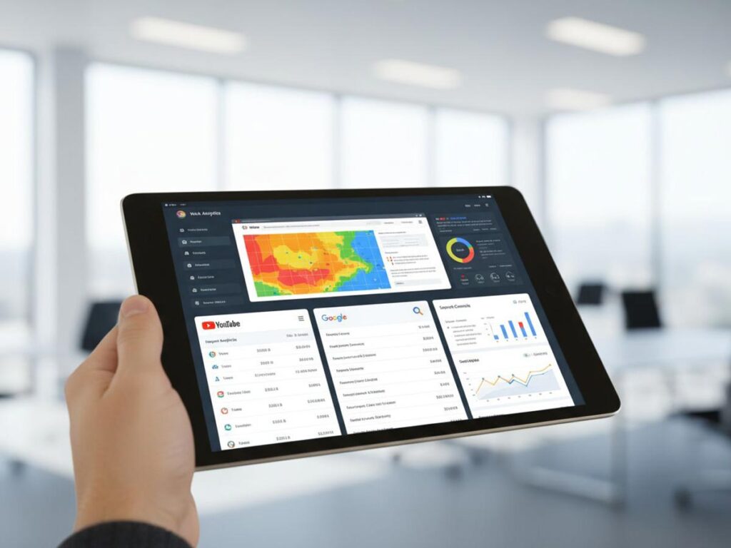 Digital tablet showcasing a web analytics interface with heatmap, YouTube, and Google Search Console tools.