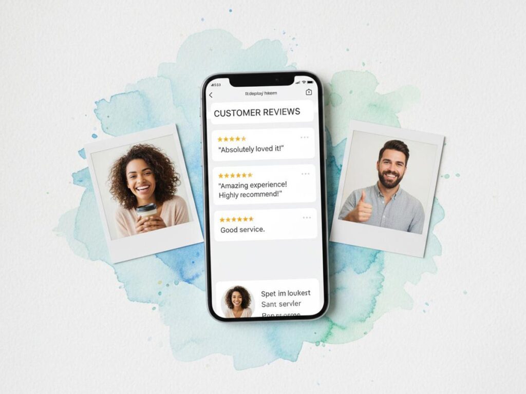 A smartphone displaying customer reviews, flanked by polaroid photos of two smiling individuals, on a white watercolor background
