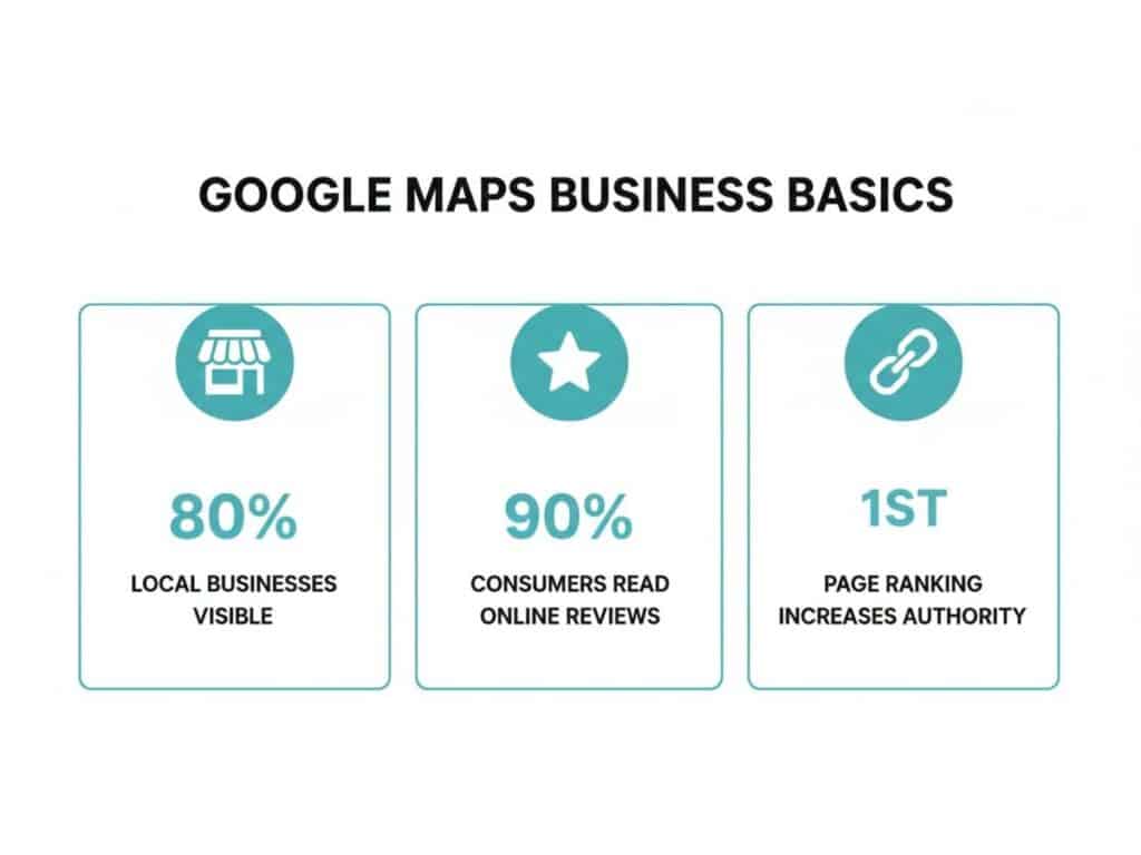 Infographic illustrating Google Raps business basics with statistics on visibility, online reviews, and search ranking.