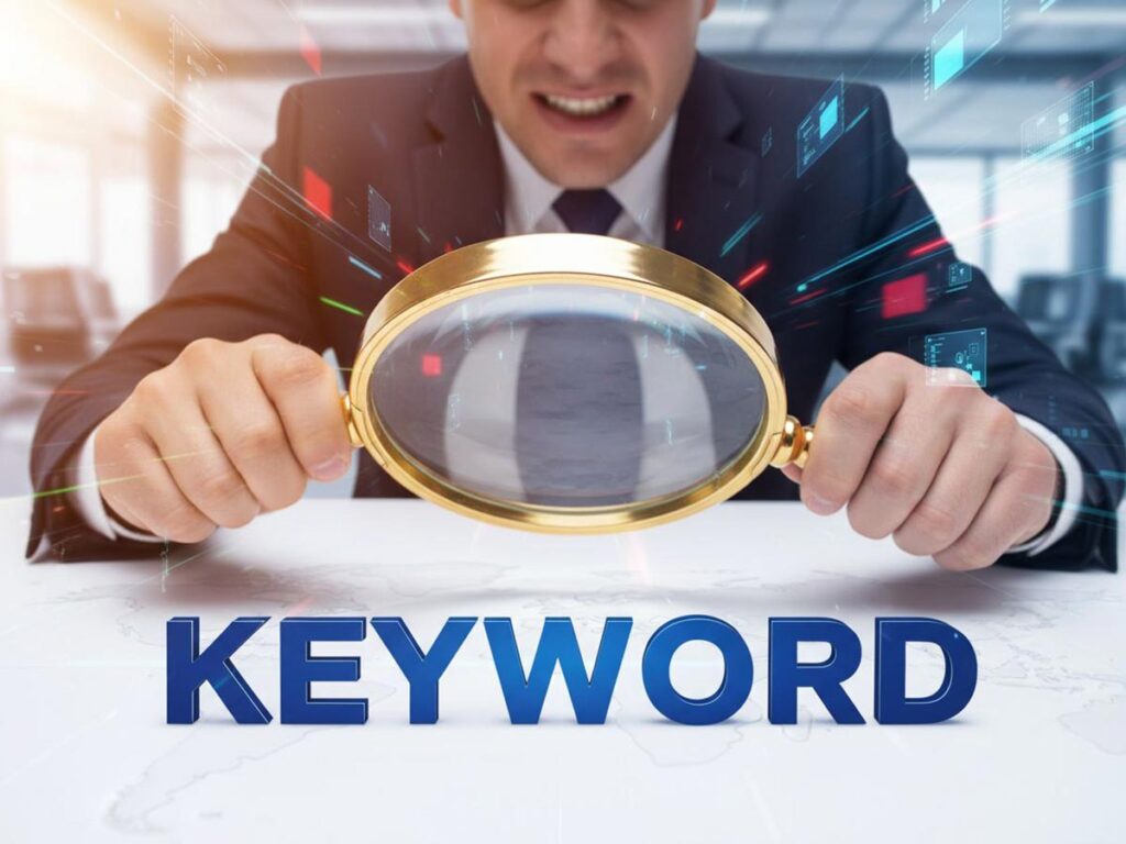 A businessman uses a large magnifying glass to analyze the word 'KEYWORD' on a white surface