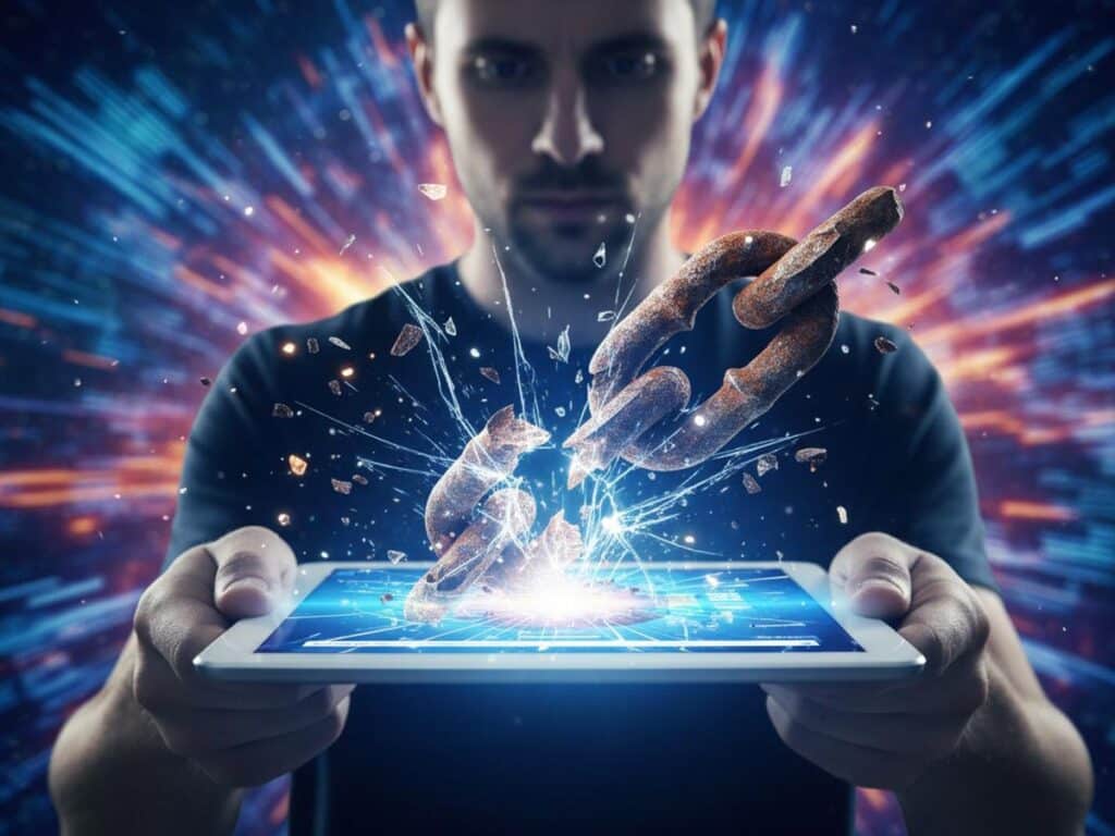A man using a tablet, with a broken chain link emerging from a shattered web browser
