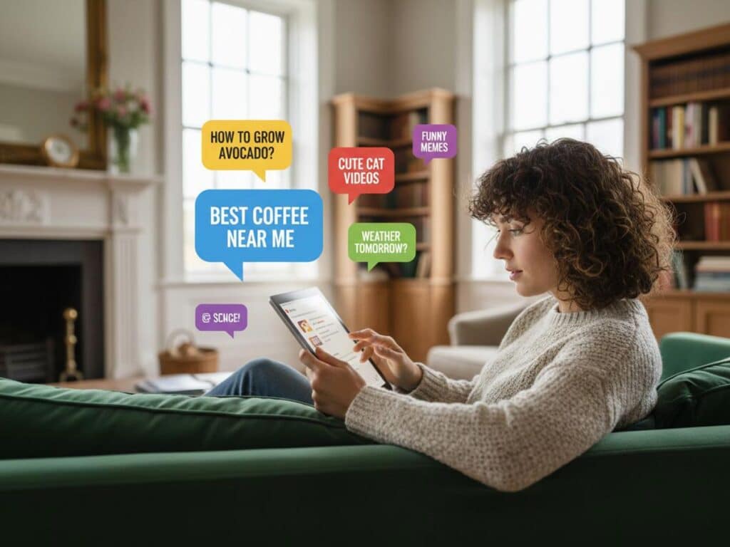 a person searching online on a tablet, with speech bubbles showing common queries