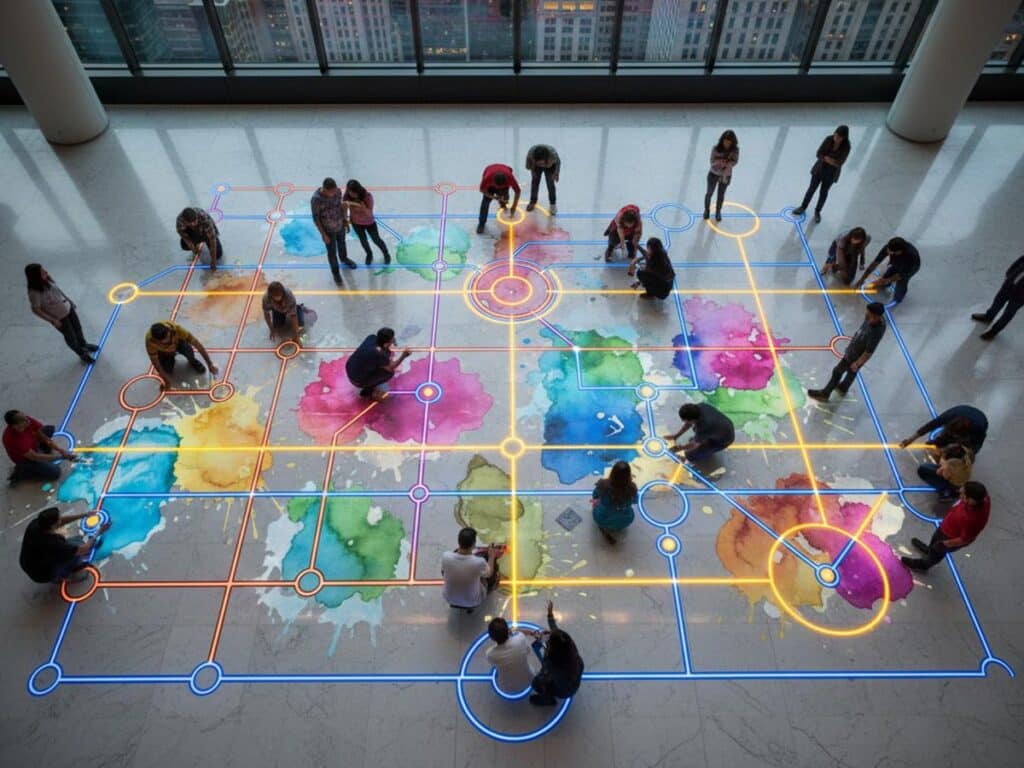 Overhead view of people interacting with an abstract network of lines and watercolor splatters