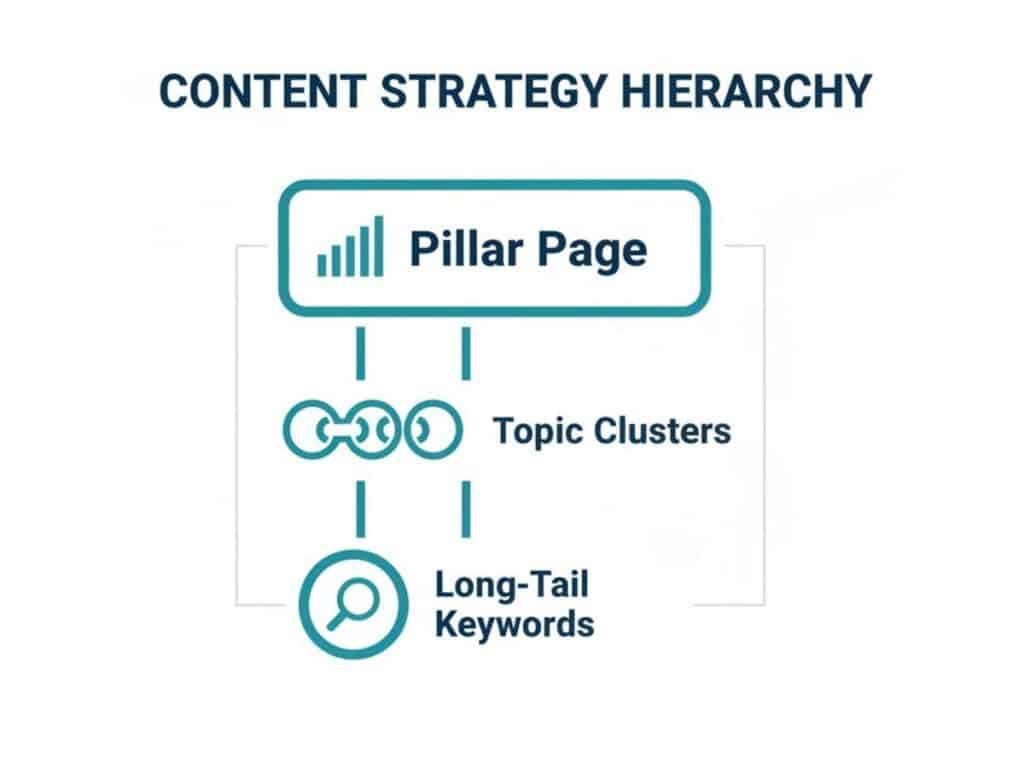 A diagram showing the content strategy hierarchy: Pillar Page connected to Topic Clusters, which link to Long-Tail Keywords