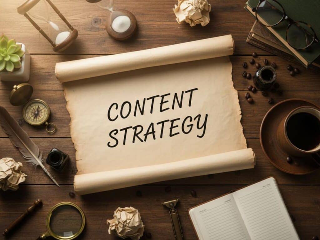 Overhead view of a desk with an old scroll displaying 'CONTENT STRATEGY', surrounded by office items and coffee