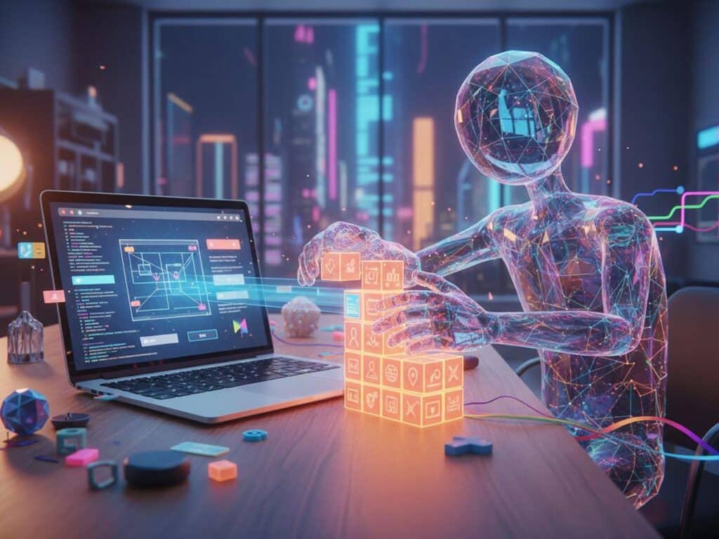 A 3D figure building with blocks next to an open laptop, symbolizing digital construction or website creation.