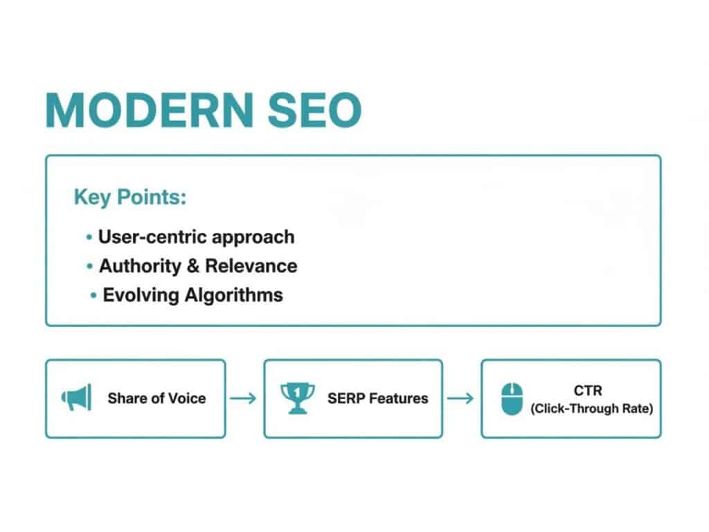 A diagram outlining modern SEO key points and a flow for measuring SEO success.