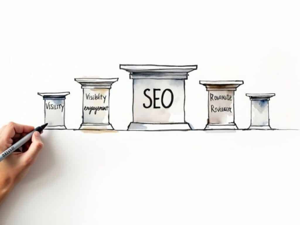 A hand draws five pillars representing SEO success, labeled: Visibility, engagement, SEO, and Revenue.